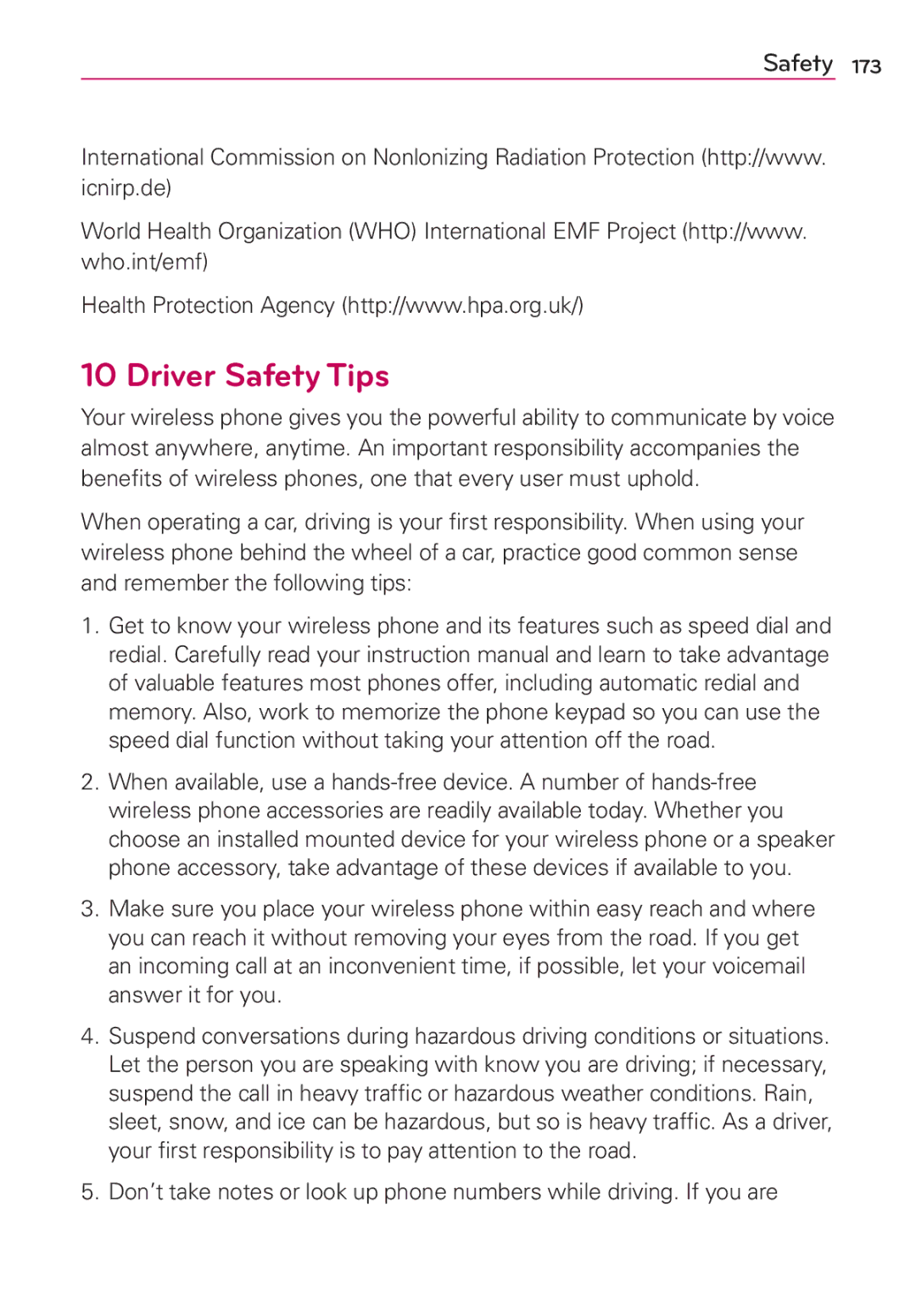 LG Electronics MS910 manual Driver Safety Tips 