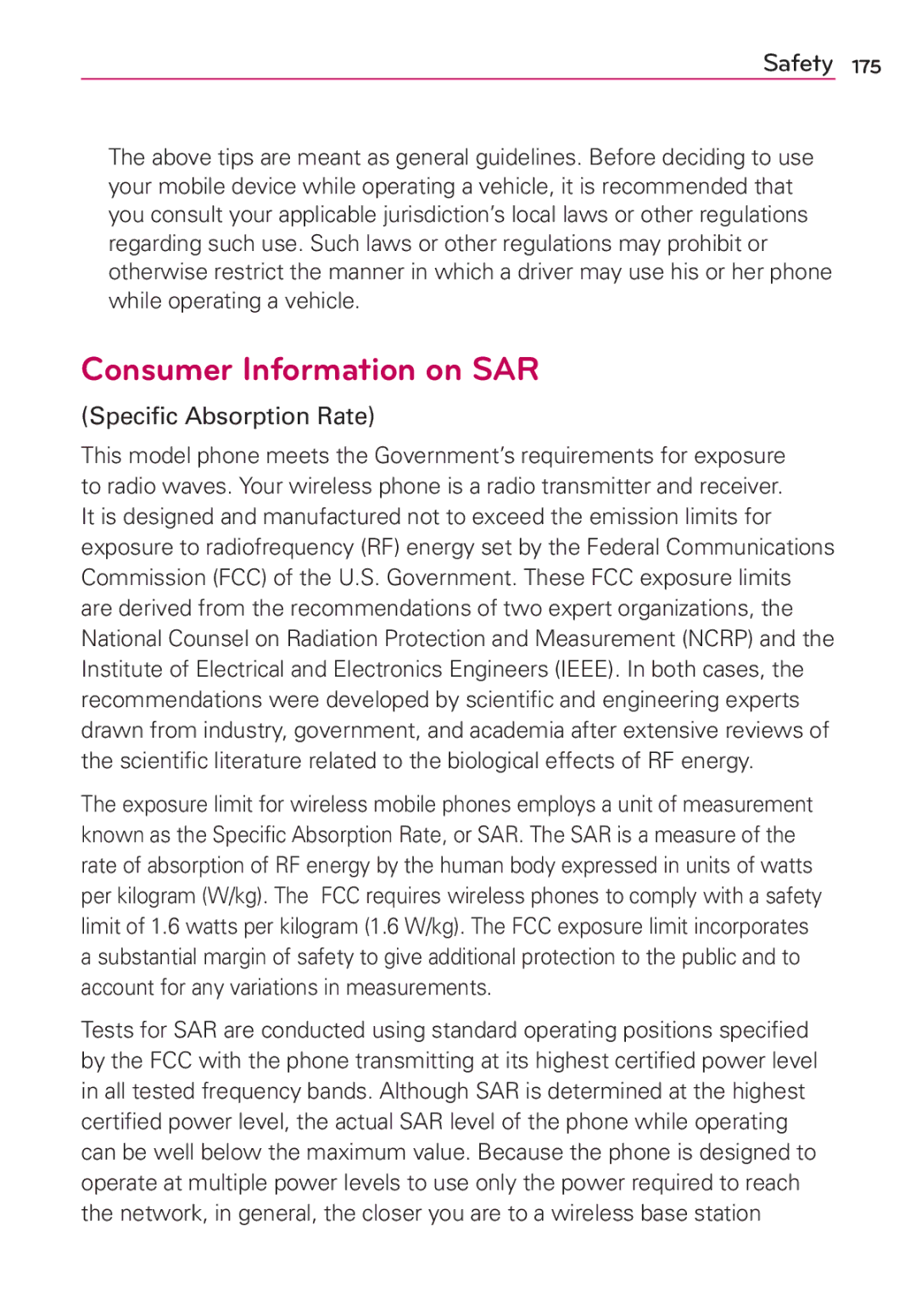 LG Electronics MS910 manual Consumer Information on SAR, Speciﬁc Absorption Rate 