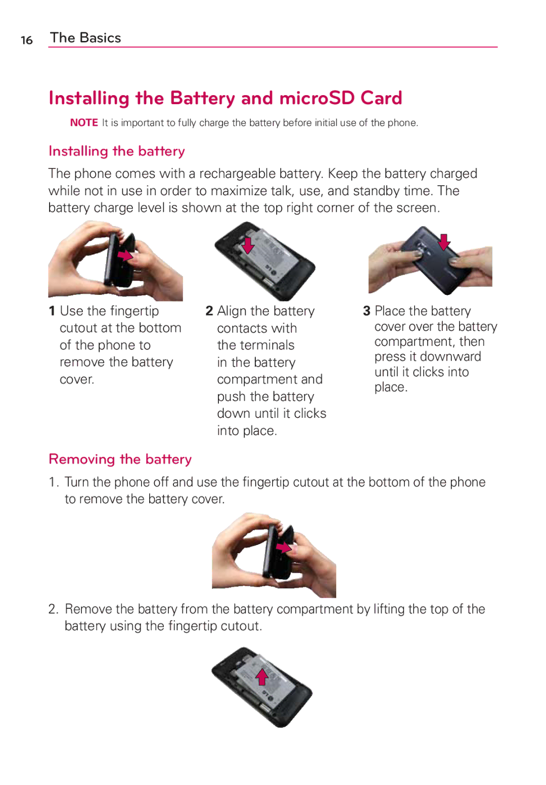 LG Electronics MS910 manual Installing the Battery and microSD Card, Installing the battery, Removing the battery 