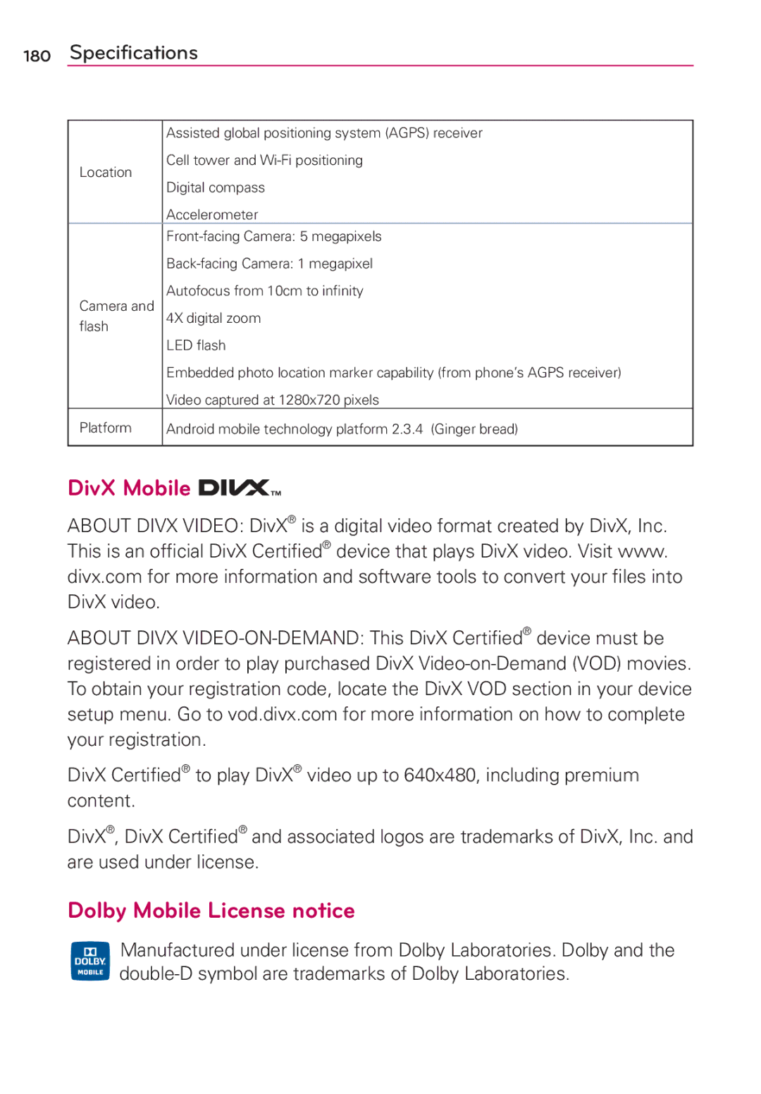 LG Electronics MS910 manual DivX Mobile, Dolby Mobile License notice 