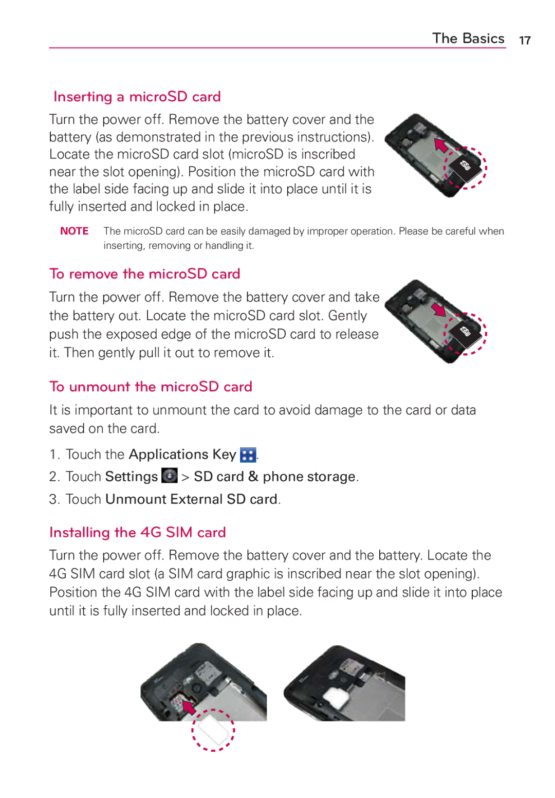 LG Electronics MS910 manual Inserting a microSD card, To remove the microSD card, To unmount the microSD card 