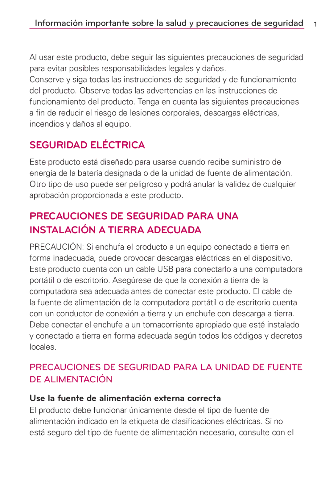 LG Electronics MS910 manual Seguridad Eléctrica, Use la fuente de alimentación externa correcta 