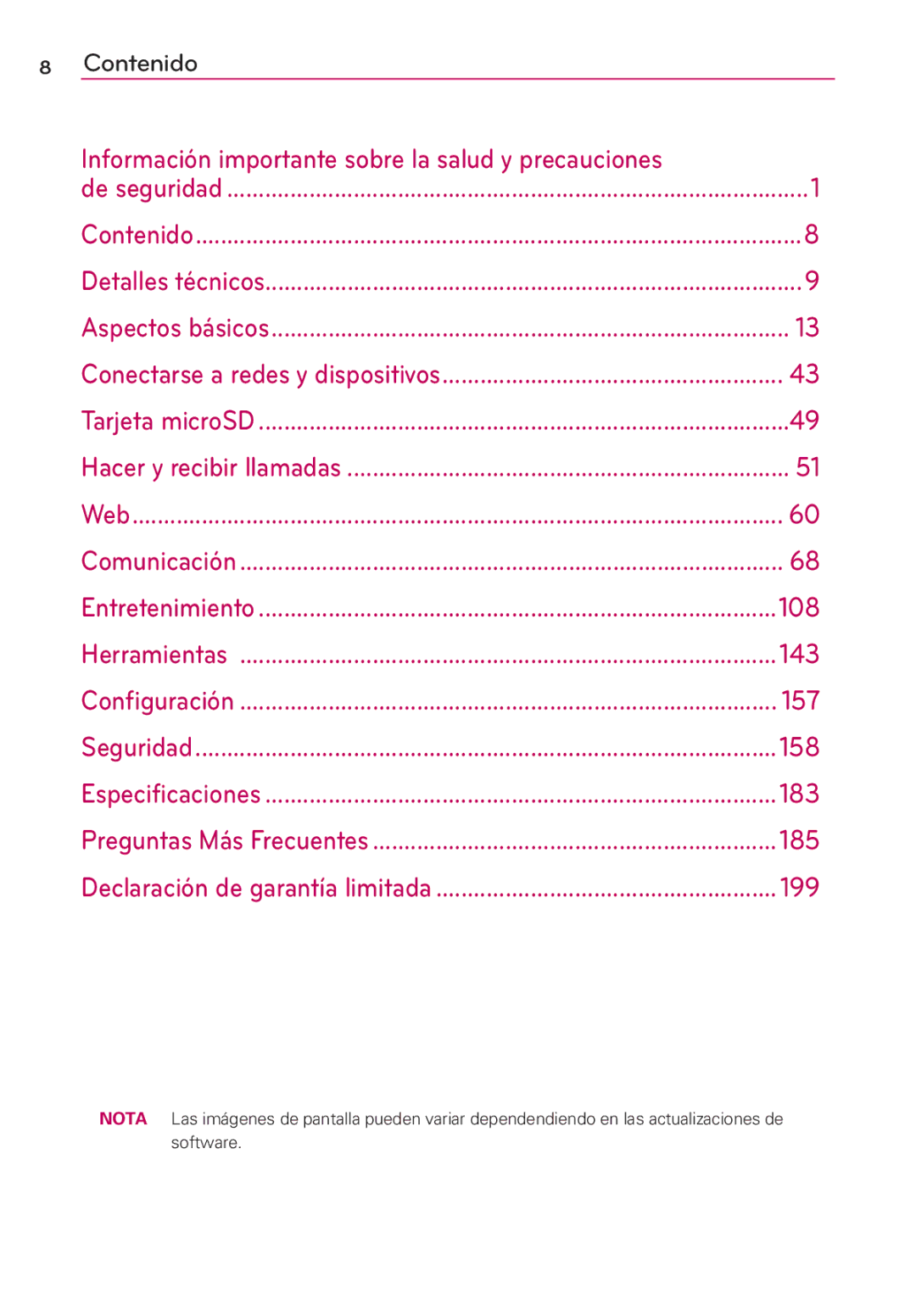 LG Electronics MS910 manual Información importante sobre la salud y precauciones, 108, 143, 157, 158, 183, 185, 199 