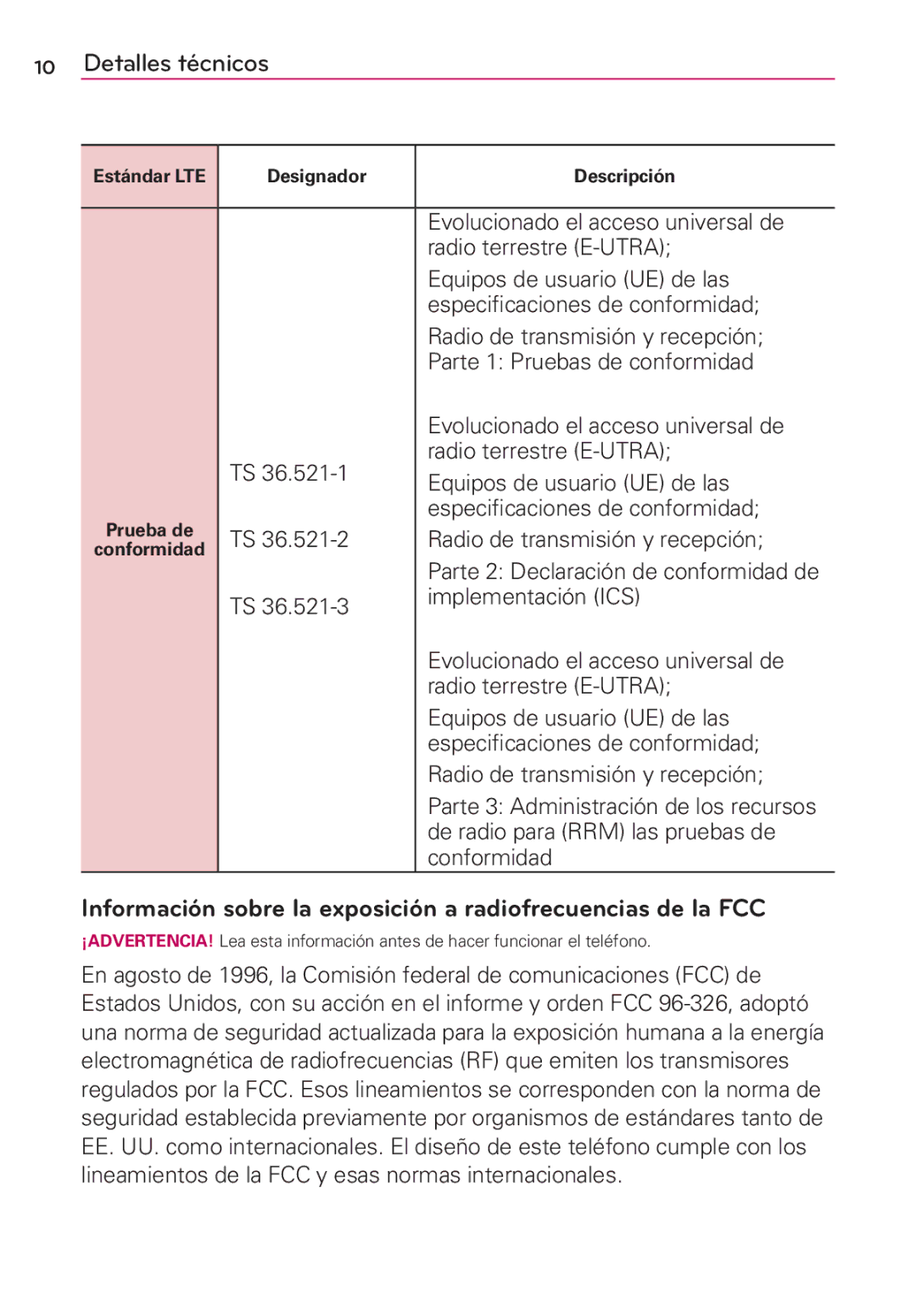 LG Electronics MS910 Radio terrestre E-UTRA, Equipos de usuario UE de las, Especiﬁcaciones de conformidad, Conformidad 