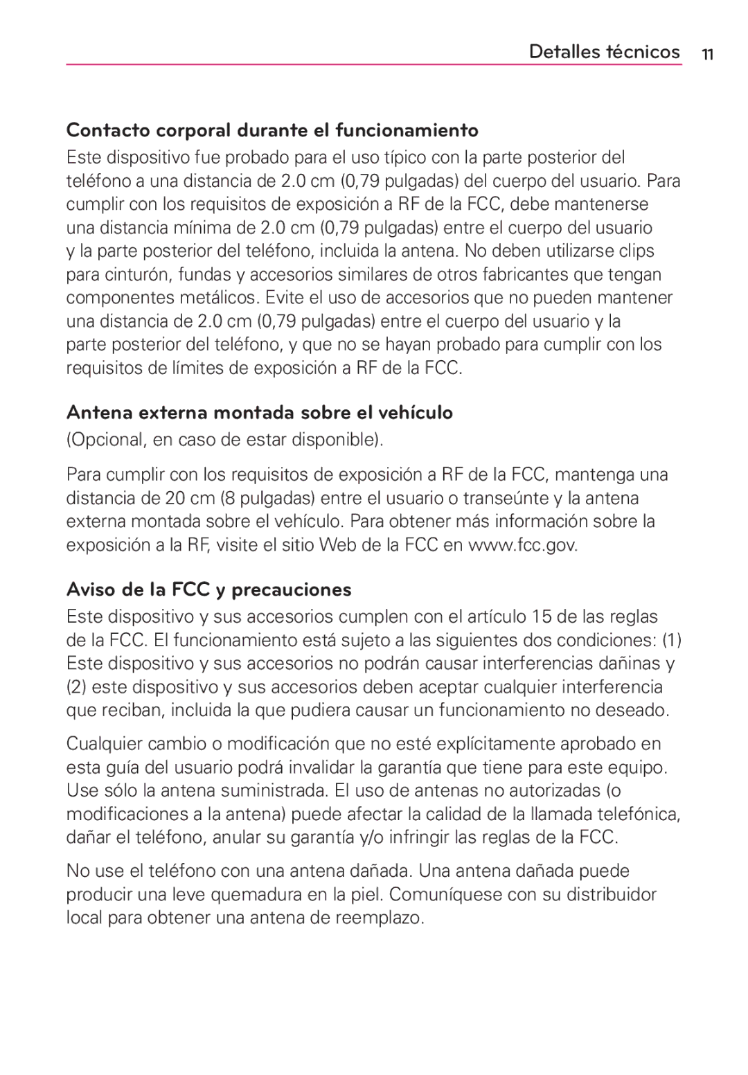 LG Electronics MS910 manual Contacto corporal durante el funcionamiento, Antena externa montada sobre el vehículo 