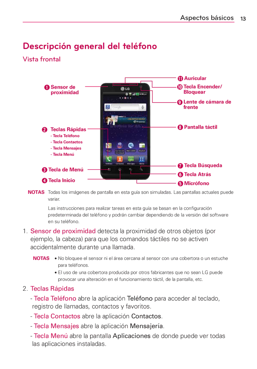 LG Electronics MS910 manual Descripción general del teléfono, Vista frontal 