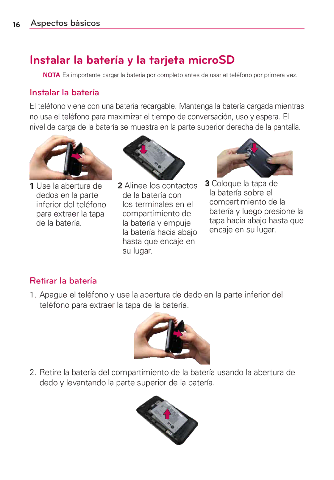 LG Electronics MS910 manual Instalar la batería y la tarjeta microSD, Retirar la batería 