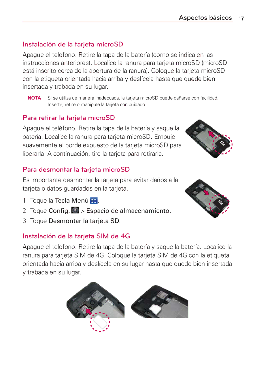 LG Electronics MS910 Instalación de la tarjeta microSD, Para retirar la tarjeta microSD, Para desmontar la tarjeta microSD 