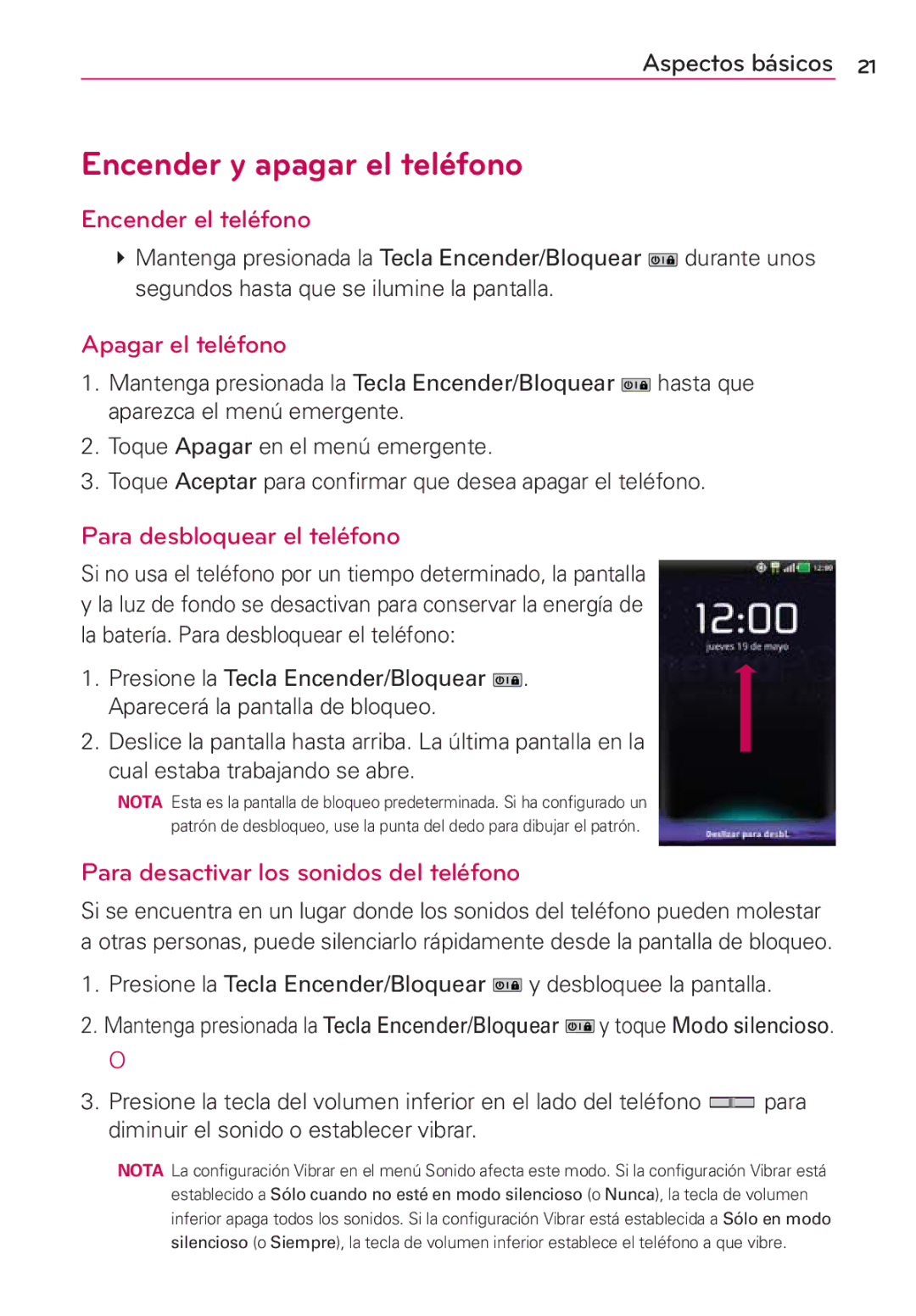 LG Electronics MS910 Encender y apagar el teléfono, Encender el teléfono, Apagar el teléfono, Para desbloquear el teléfono 