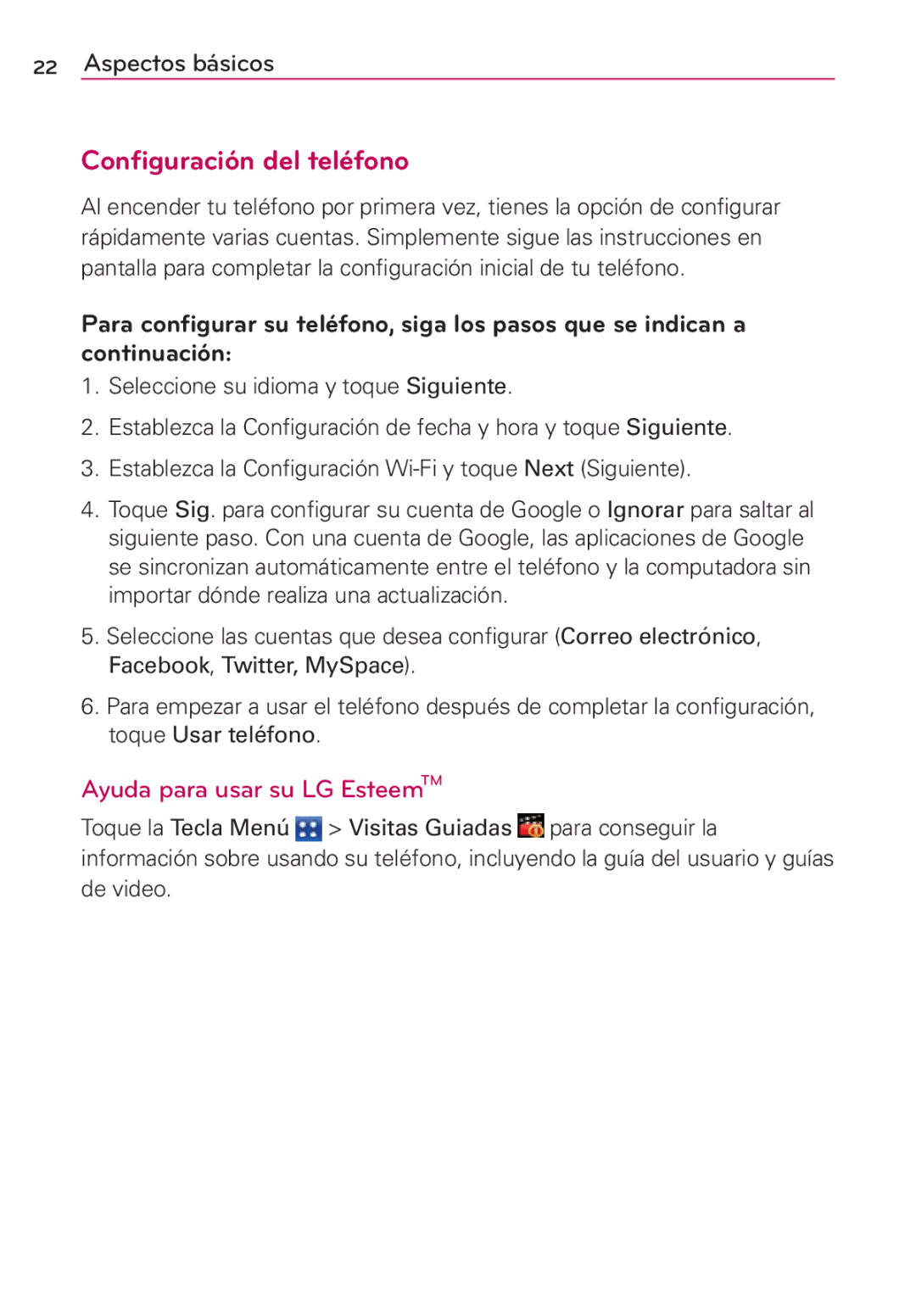 LG Electronics MS910 manual Configuración del teléfono, Ayuda para usar su LG EsteemTM 