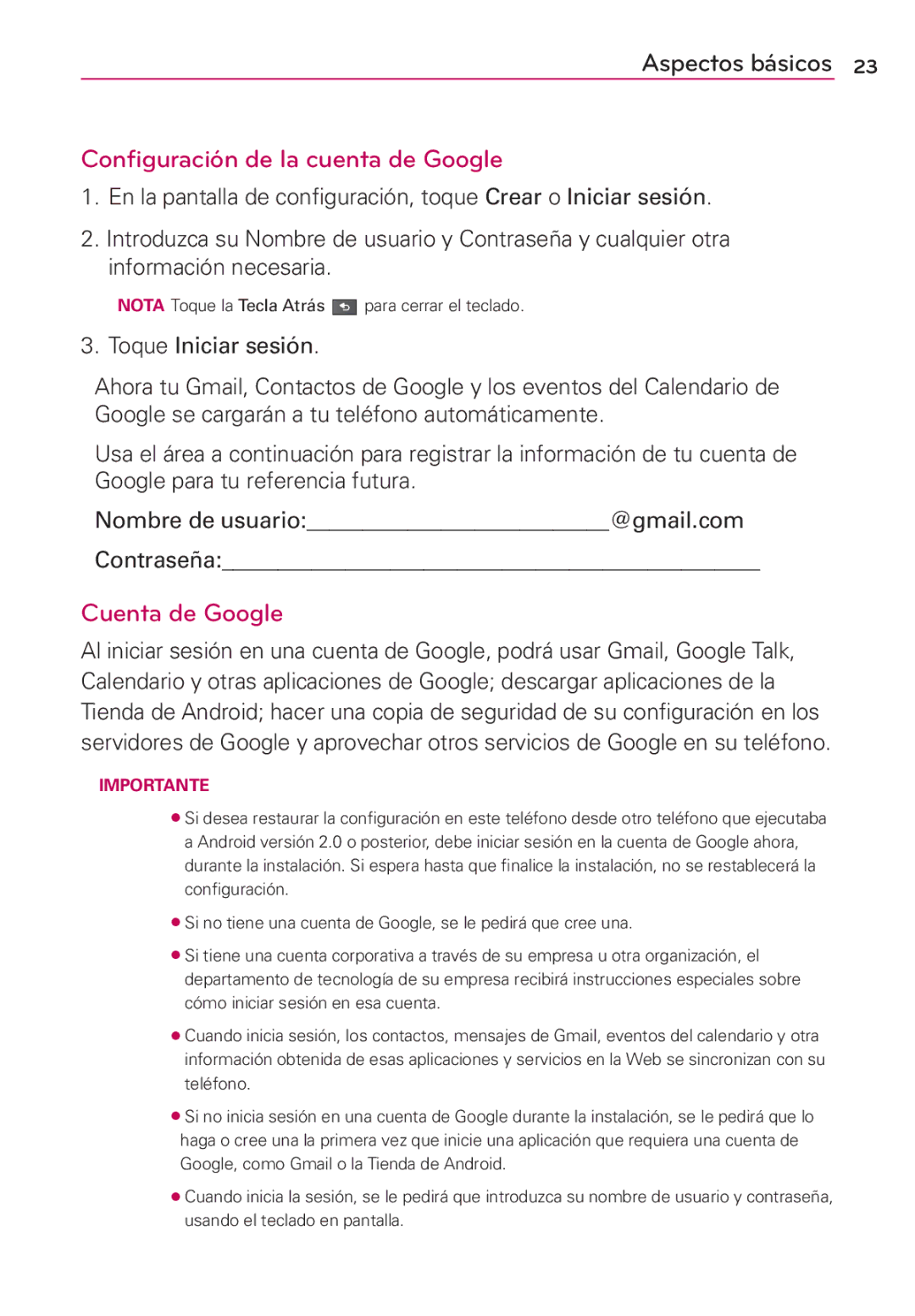 LG Electronics MS910 manual Configuración de la cuenta de Google, Cuenta de Google, Toque Iniciar sesión 