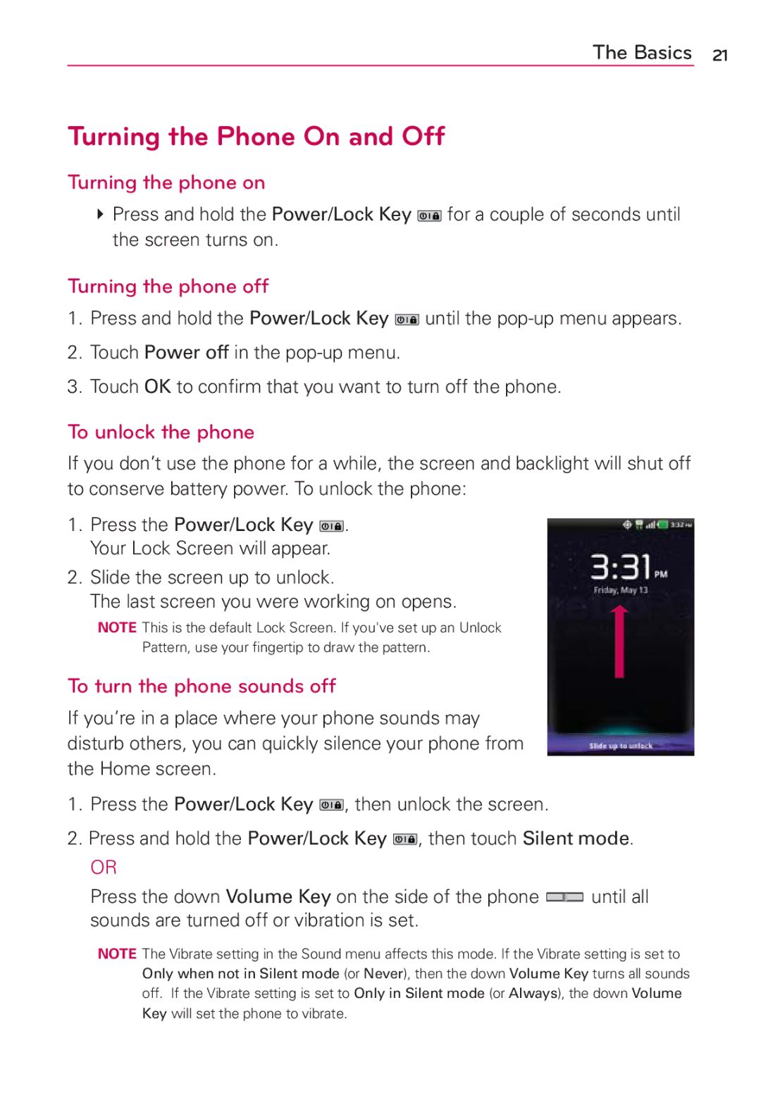 LG Electronics MS910 manual Turning the Phone On and Off, Turning the phone on, Turning the phone off, To unlock the phone 