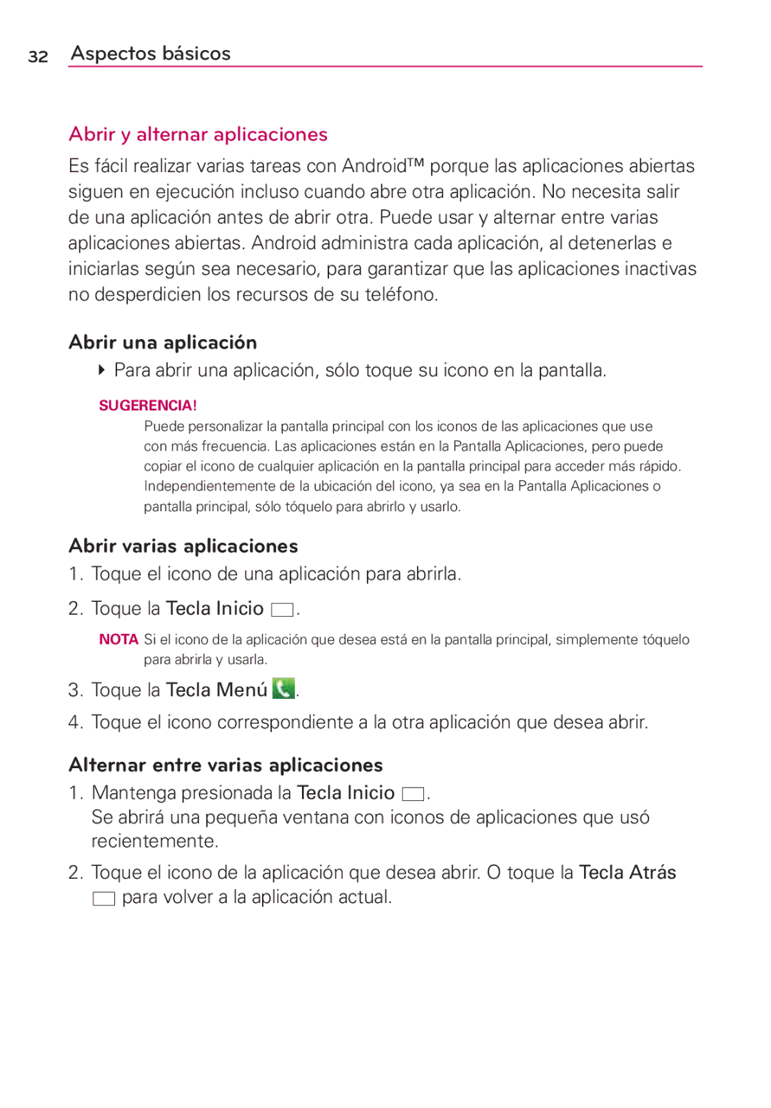 LG Electronics MS910 manual Abrir y alternar aplicaciones, Abrir una aplicación, Abrir varias aplicaciones 