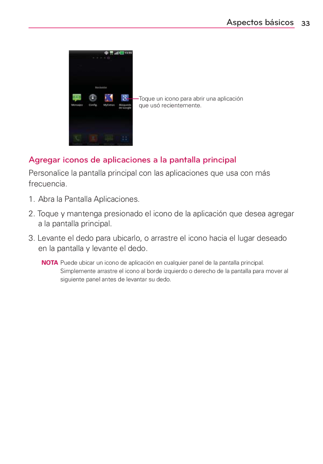 LG Electronics MS910 manual Agregar iconos de aplicaciones a la pantalla principal 