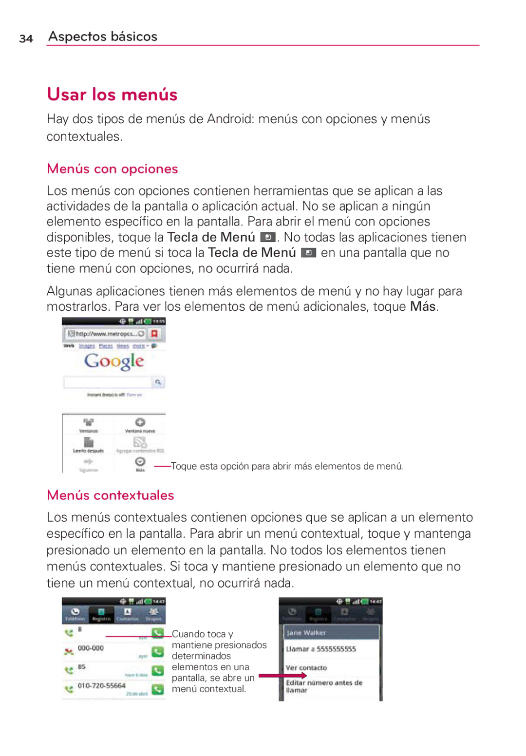 LG Electronics MS910 manual Usar los menús, Menús con opciones, Menús contextuales 