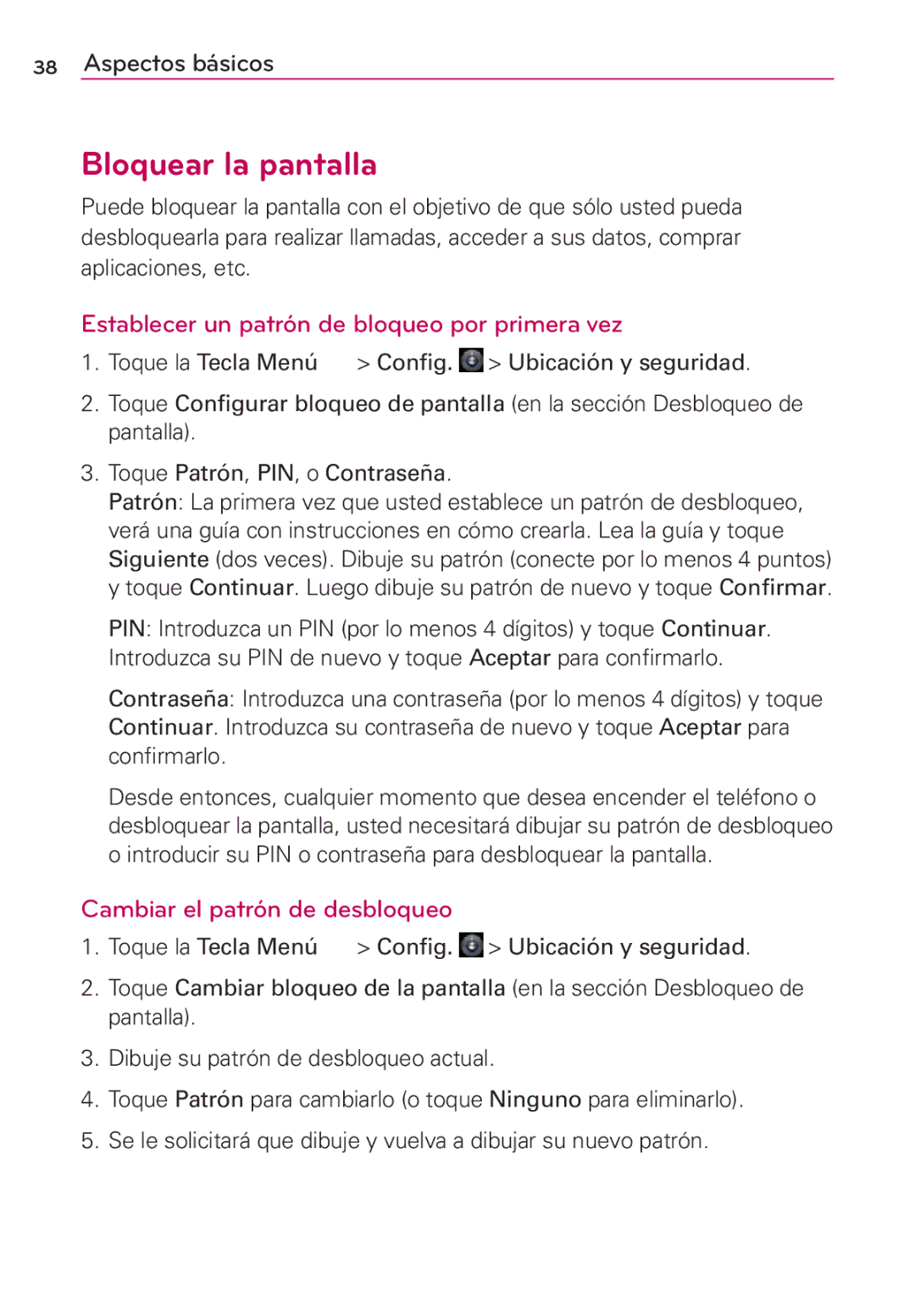 LG Electronics MS910 manual Bloquear la pantalla, Establecer un patrón de bloqueo por primera vez 