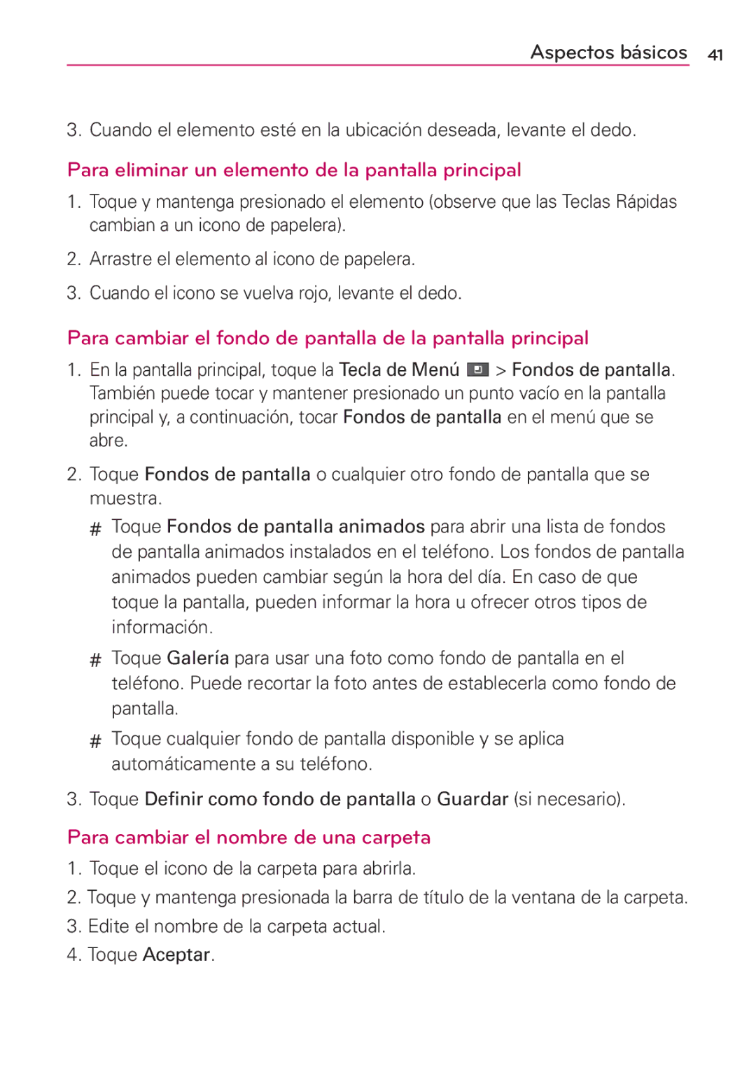 LG Electronics MS910 manual Para eliminar un elemento de la pantalla principal, Para cambiar el nombre de una carpeta 