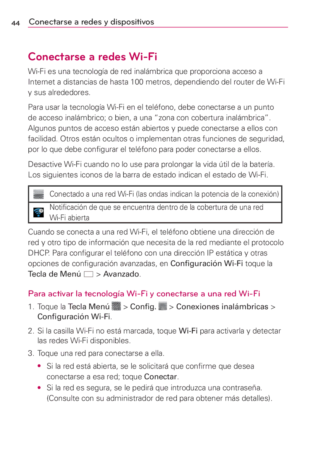 LG Electronics MS910 manual Conectarse a redes Wi-Fi, Tecla de Menú Avanzado 