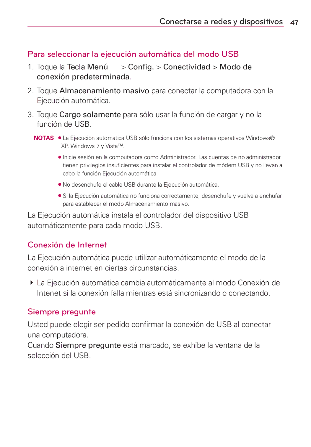 LG Electronics MS910 manual Para seleccionar la ejecución automática del modo USB, Conexión de Internet, Siempre pregunte 