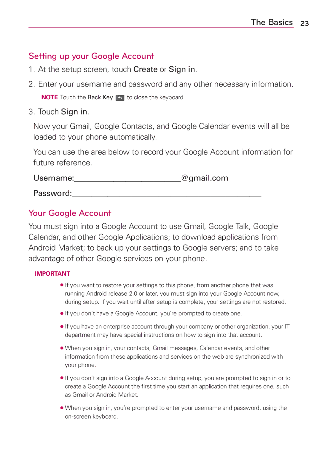 LG Electronics MS910 manual Setting up your Google Account, Your Google Account 