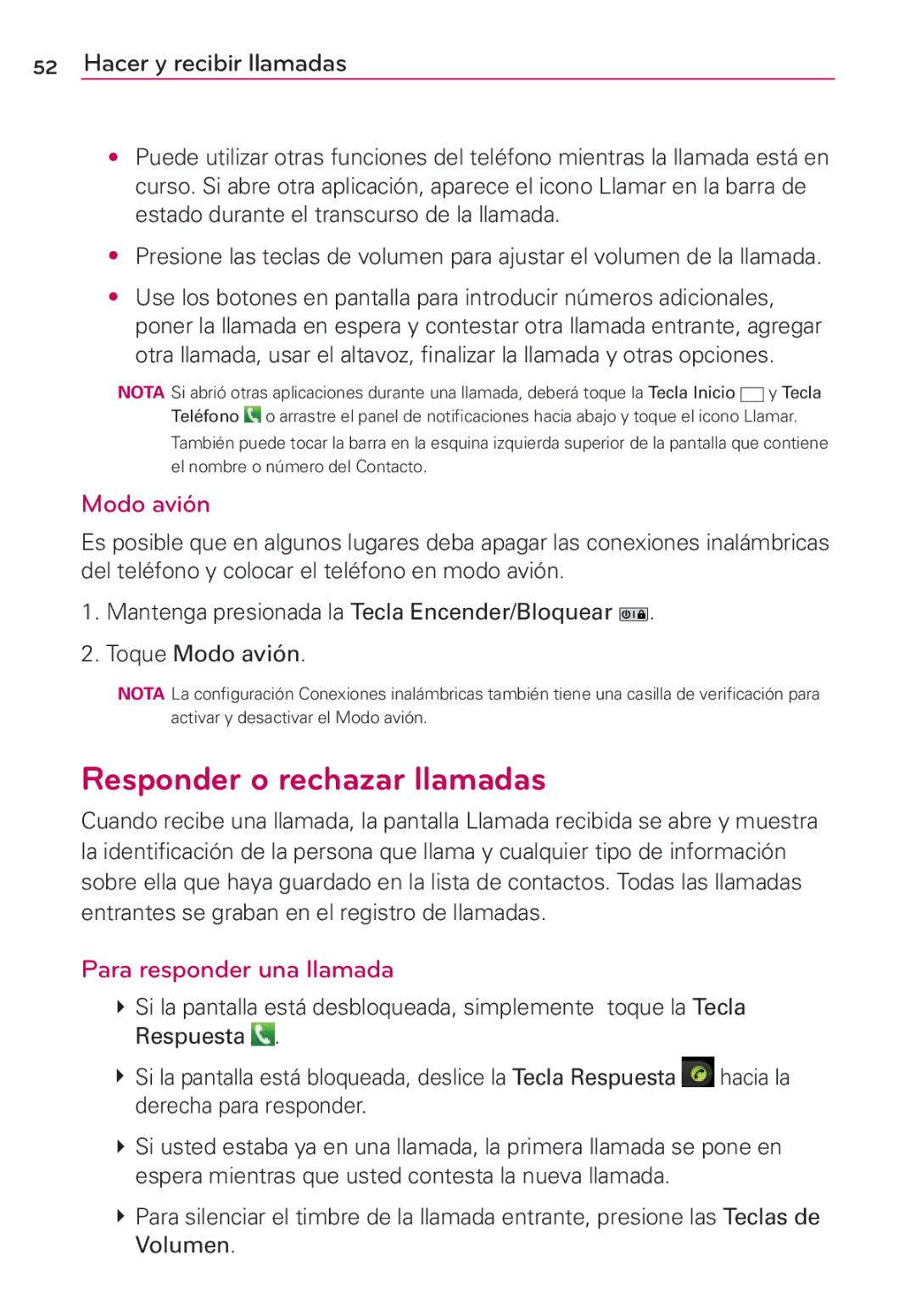 LG Electronics MS910 manual Responder o rechazar llamadas, Modo avión, Para responder una llamada 