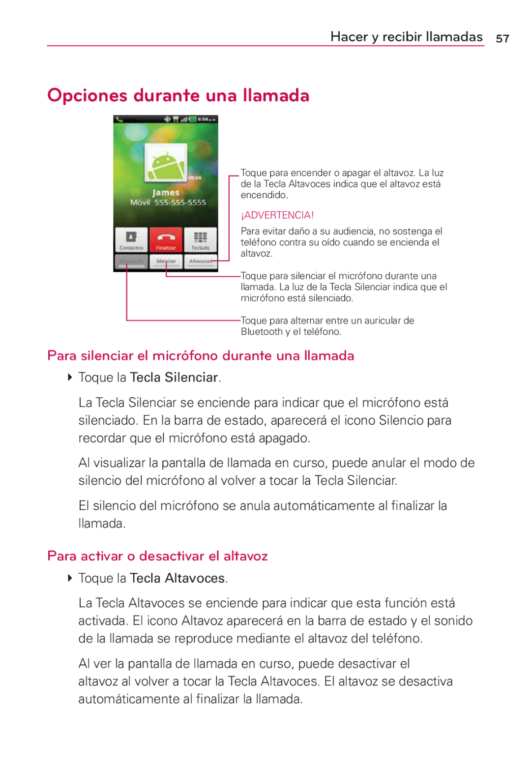 LG Electronics MS910 manual Opciones durante una llamada, Para silenciar el micrófono durante una llamada 