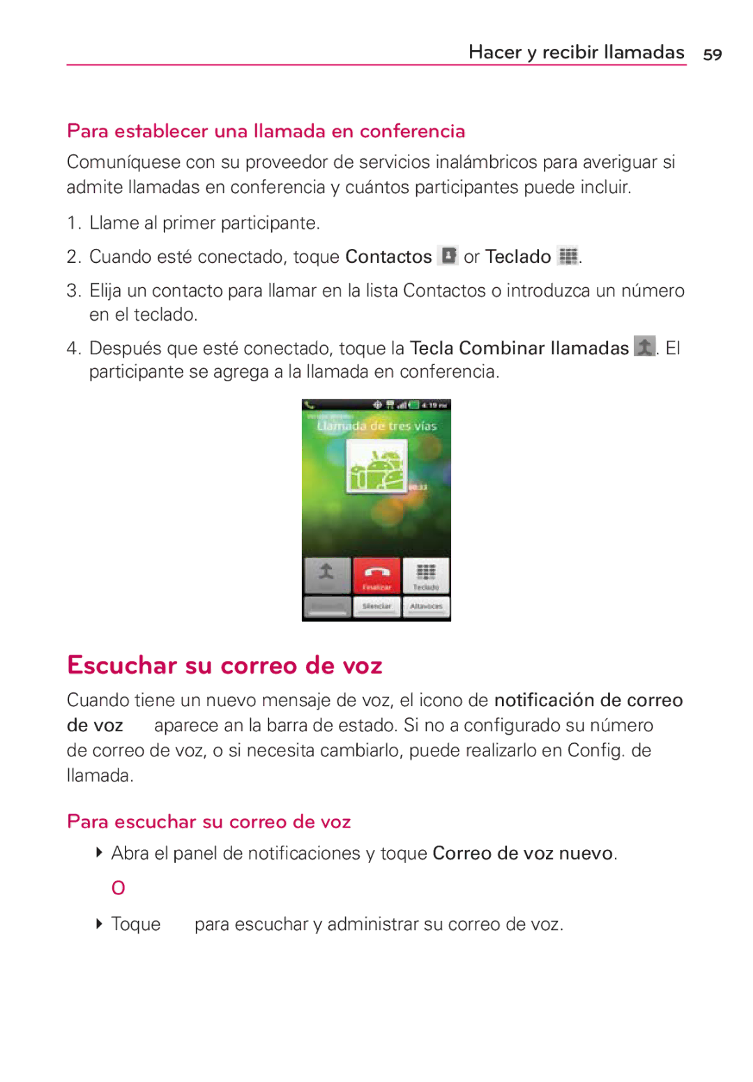 LG Electronics MS910 Escuchar su correo de voz, Para establecer una llamada en conferencia, Para escuchar su correo de voz 