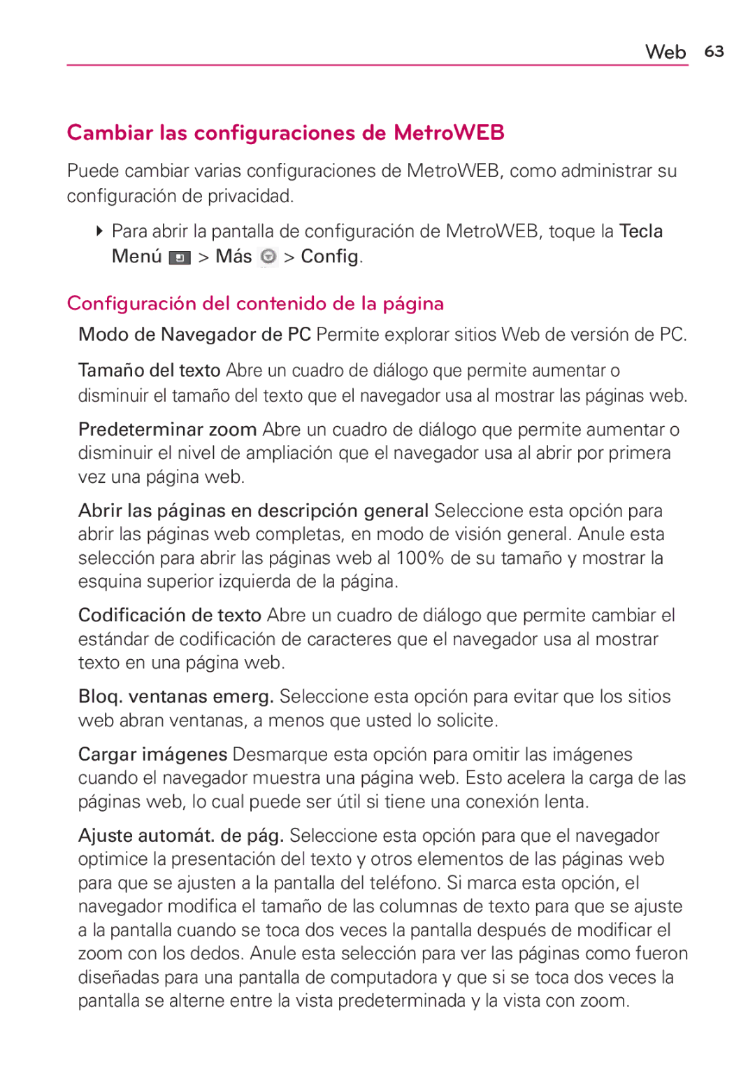 LG Electronics MS910 manual Cambiar las configuraciones de MetroWEB, Configuración del contenido de la página 