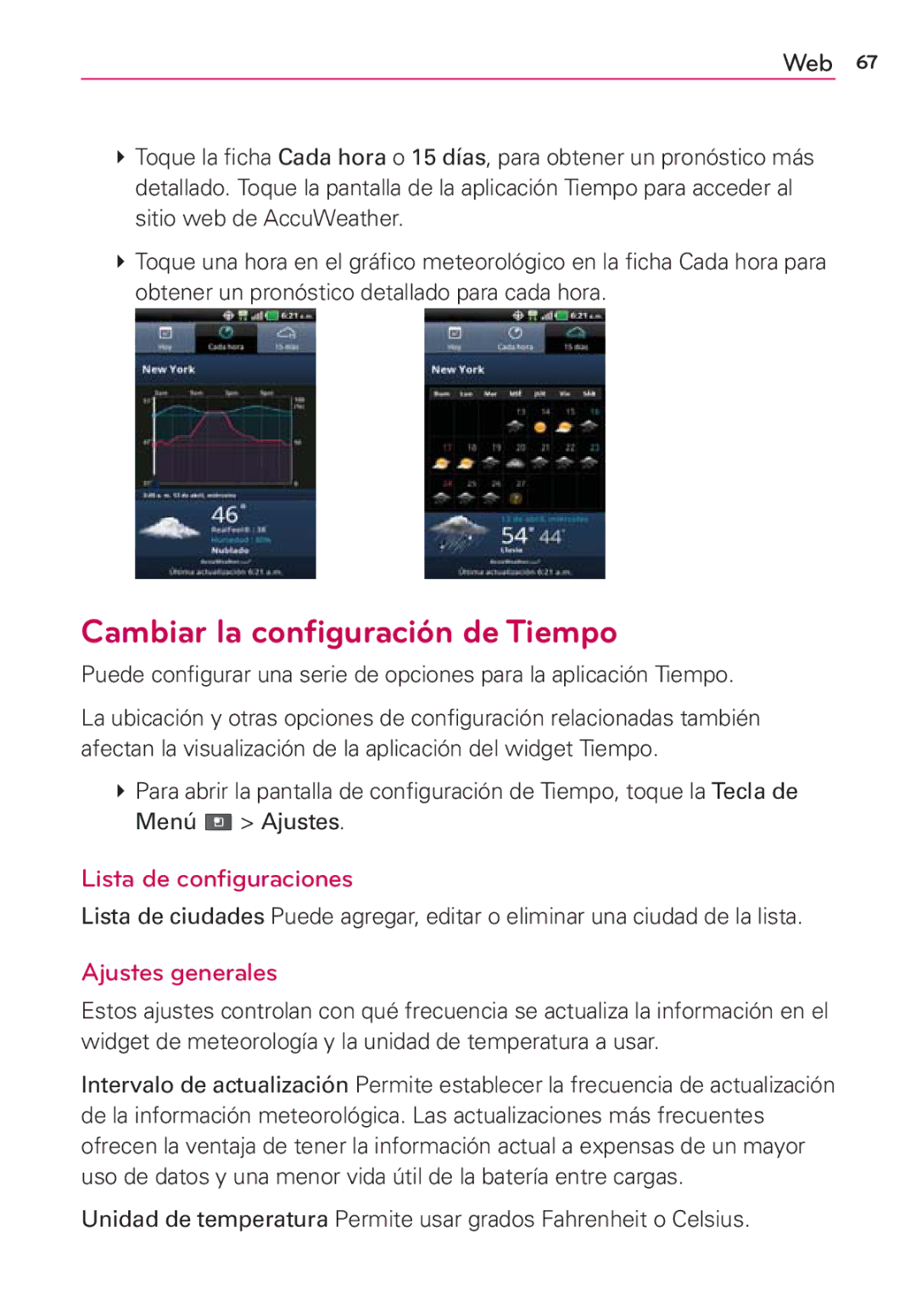 LG Electronics MS910 manual Cambiar la configuración de Tiempo, Lista de configuraciones, Ajustes generales 