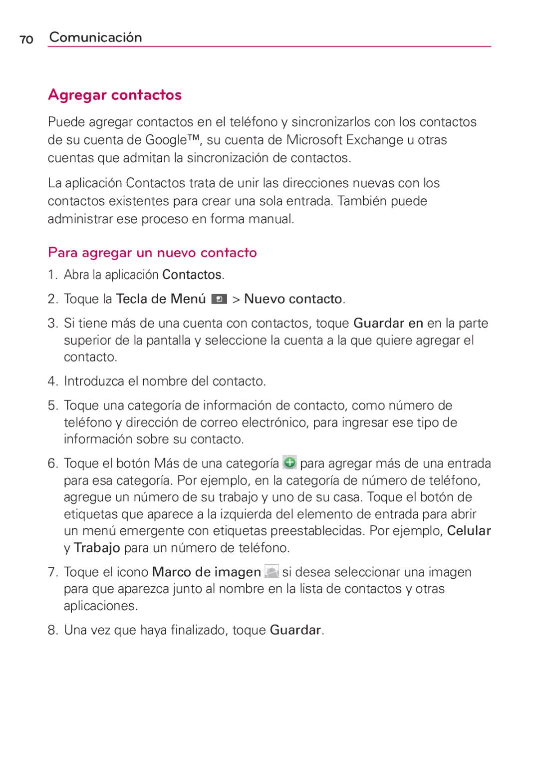 LG Electronics MS910 manual Agregar contactos, Para agregar un nuevo contacto 