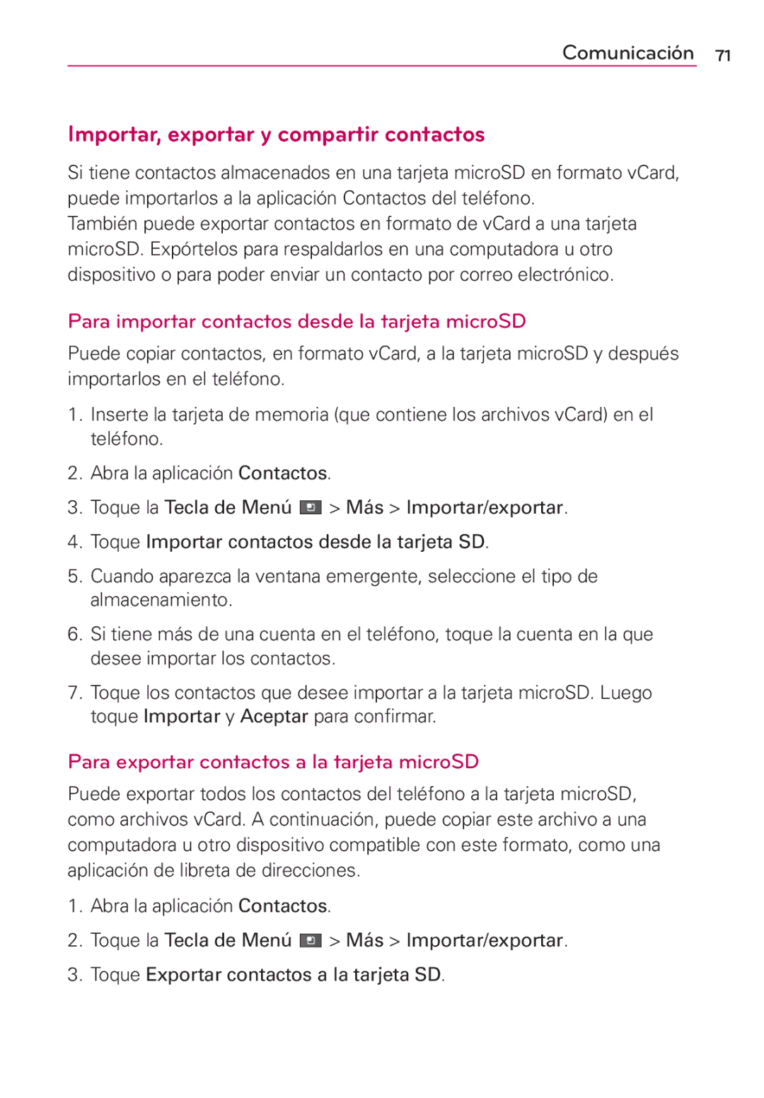 LG Electronics MS910 manual Importar, exportar y compartir contactos, Para importar contactos desde la tarjeta microSD 