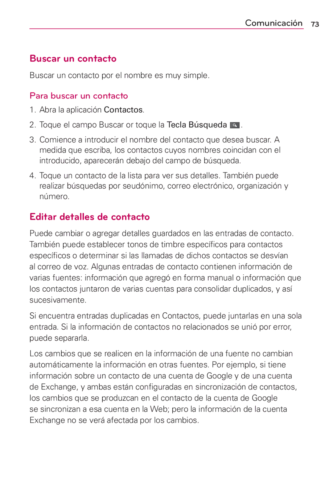 LG Electronics MS910 manual Buscar un contacto, Editar detalles de contacto, Para buscar un contacto 