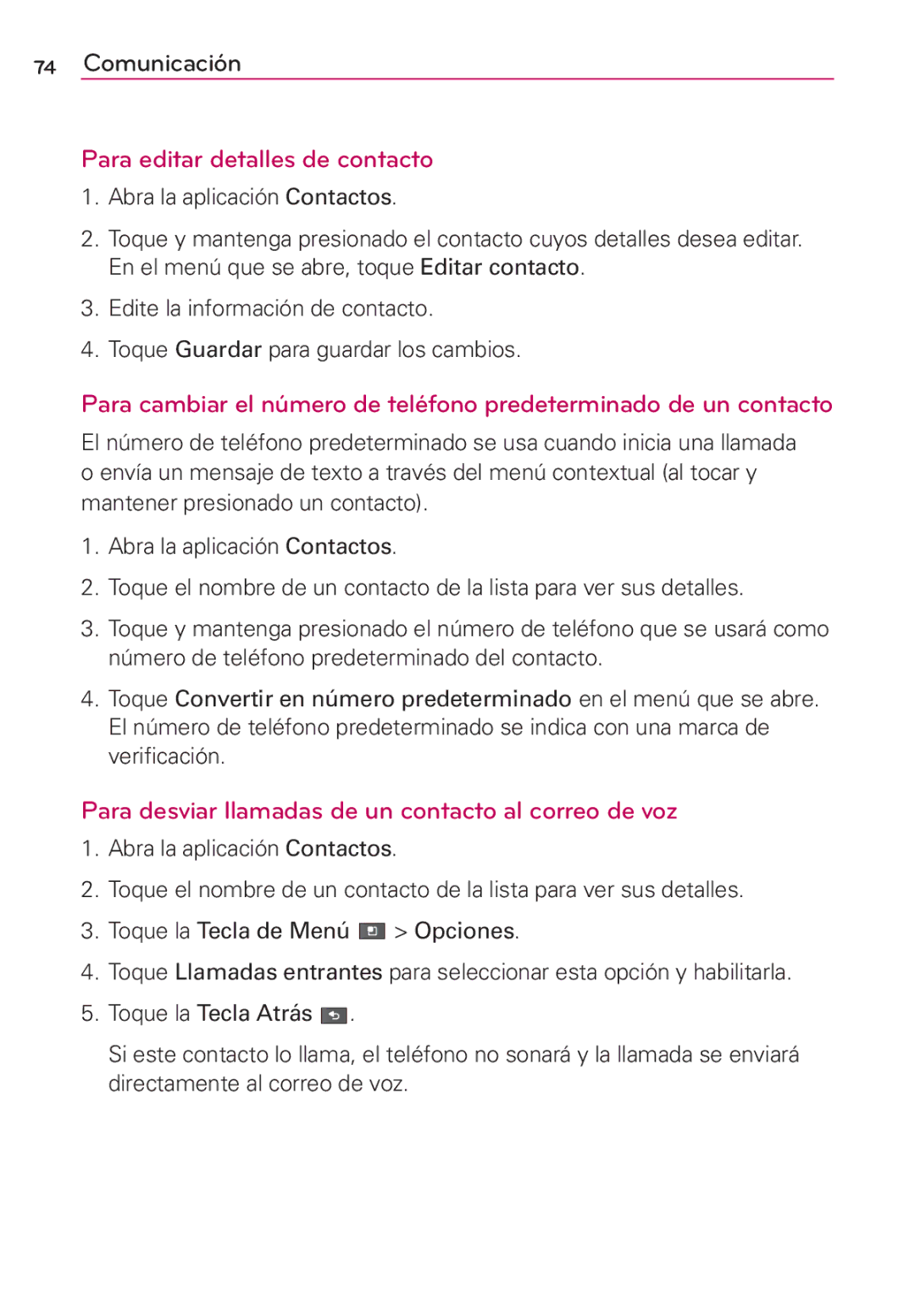 LG Electronics MS910 manual Para editar detalles de contacto, Para desviar llamadas de un contacto al correo de voz 