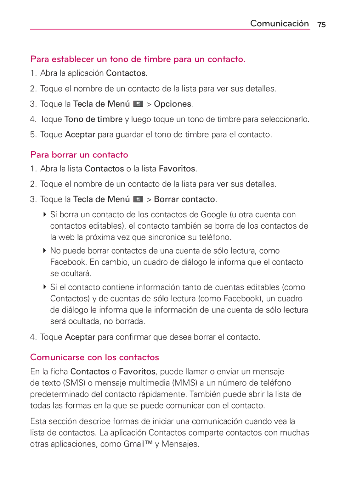 LG Electronics MS910 manual Para establecer un tono de timbre para un contacto, Para borrar un contacto 