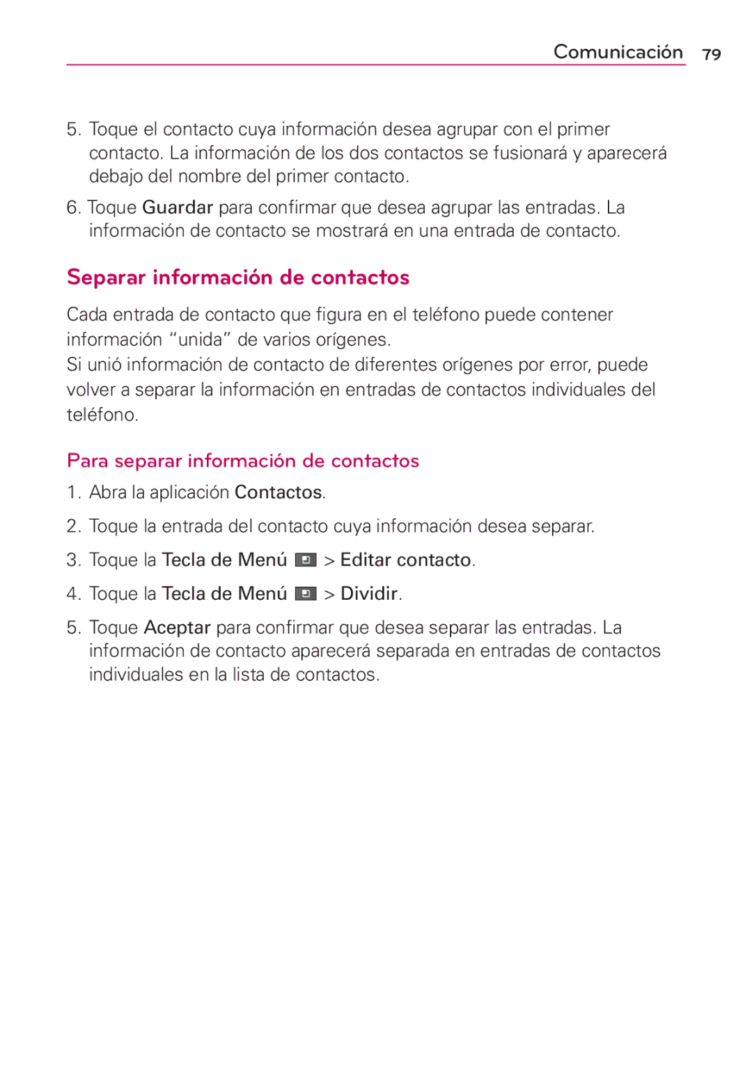 LG Electronics MS910 manual Separar información de contactos, Para separar información de contactos 