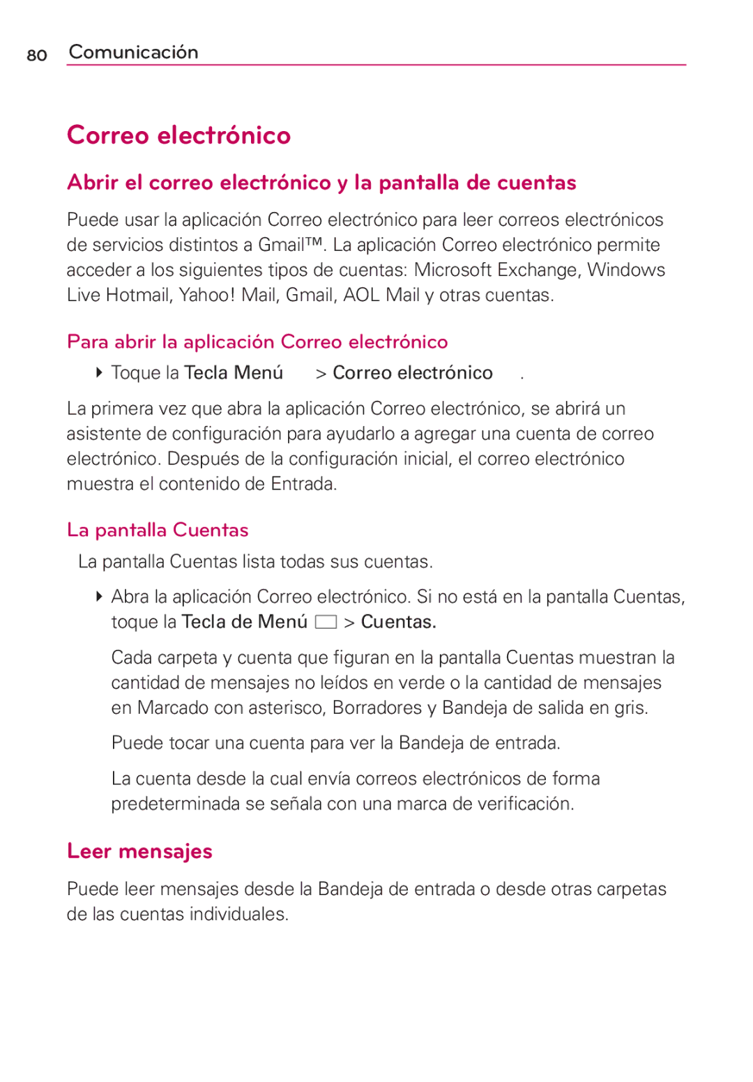 LG Electronics MS910 manual Correo electrónico, Abrir el correo electrónico y la pantalla de cuentas, Leer mensajes 