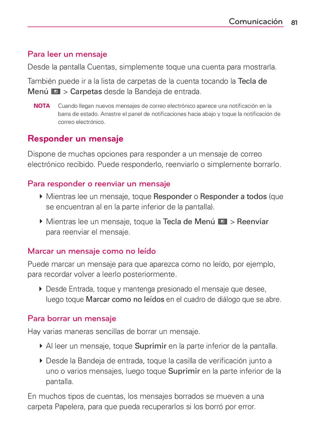 LG Electronics MS910 manual Responder un mensaje, Para leer un mensaje, Para responder o reenviar un mensaje 