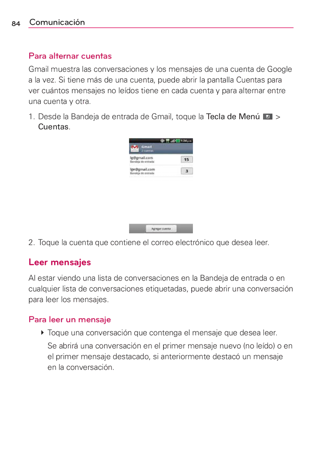 LG Electronics MS910 manual Leer mensajes, Para alternar cuentas 