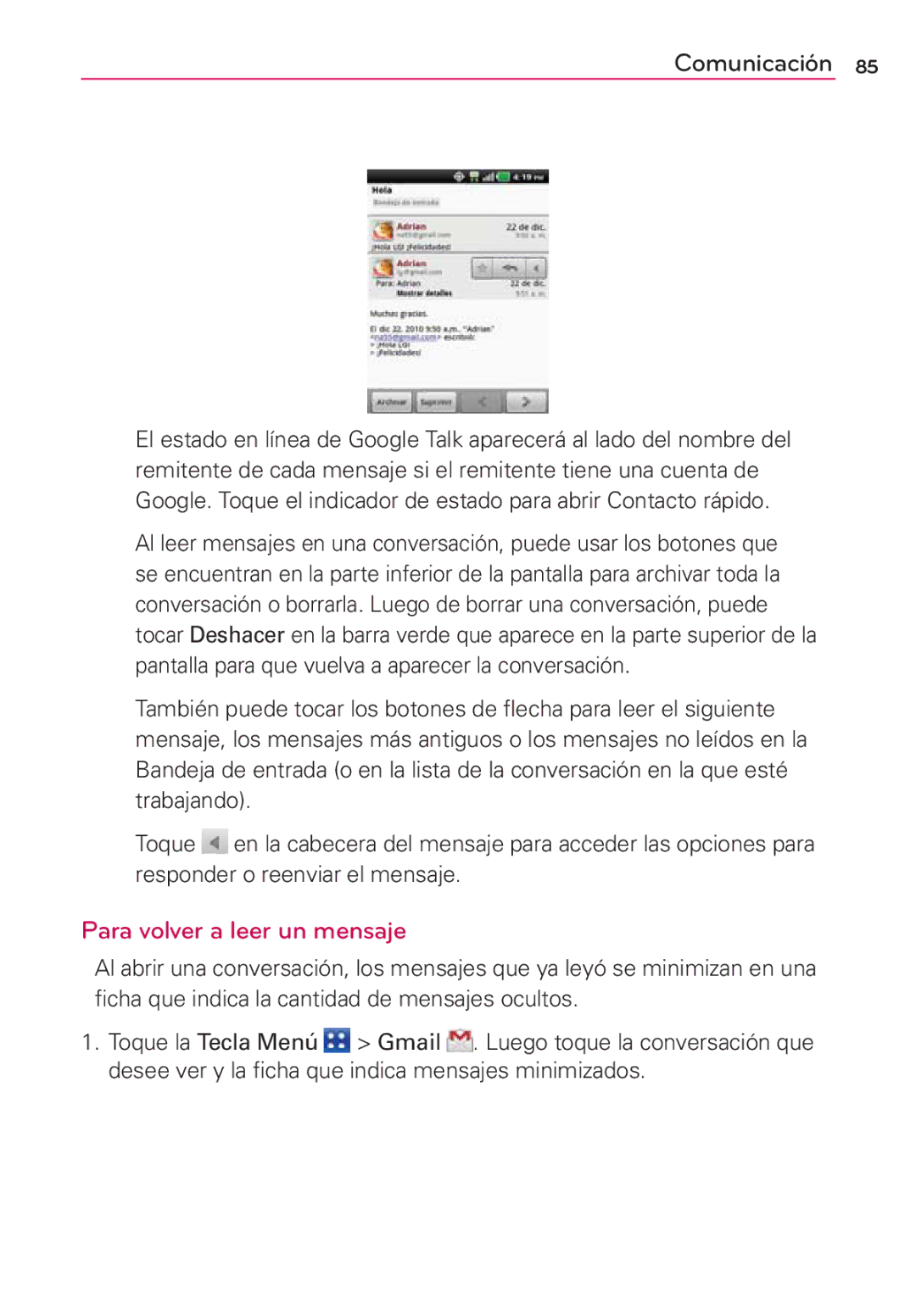 LG Electronics MS910 manual Para volver a leer un mensaje 