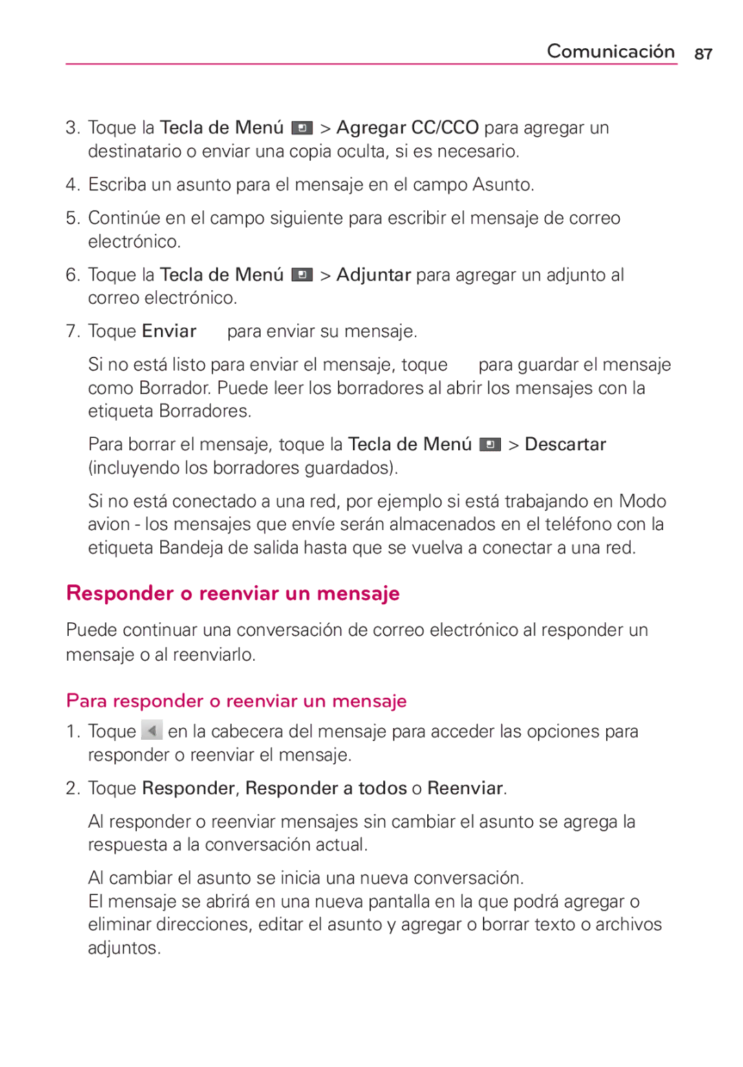 LG Electronics MS910 manual Responder o reenviar un mensaje, Para responder o reenviar un mensaje 