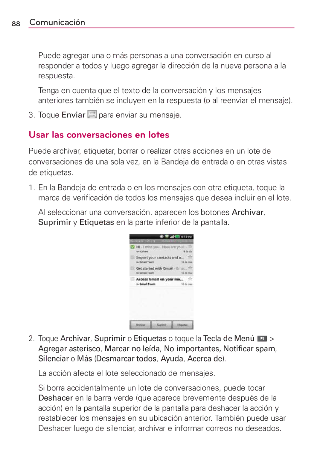 LG Electronics MS910 manual Usar las conversaciones en lotes, La acción afecta el lote seleccionado de mensajes 