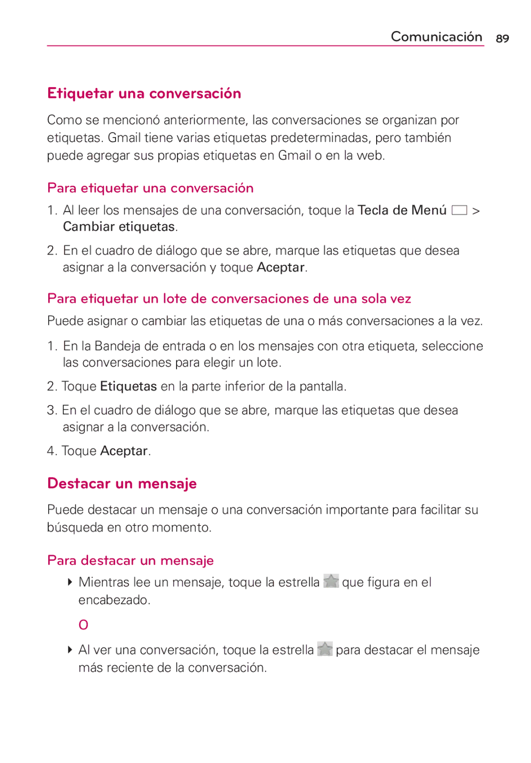 LG Electronics MS910 manual Etiquetar una conversación, Destacar un mensaje, Para etiquetar una conversación 