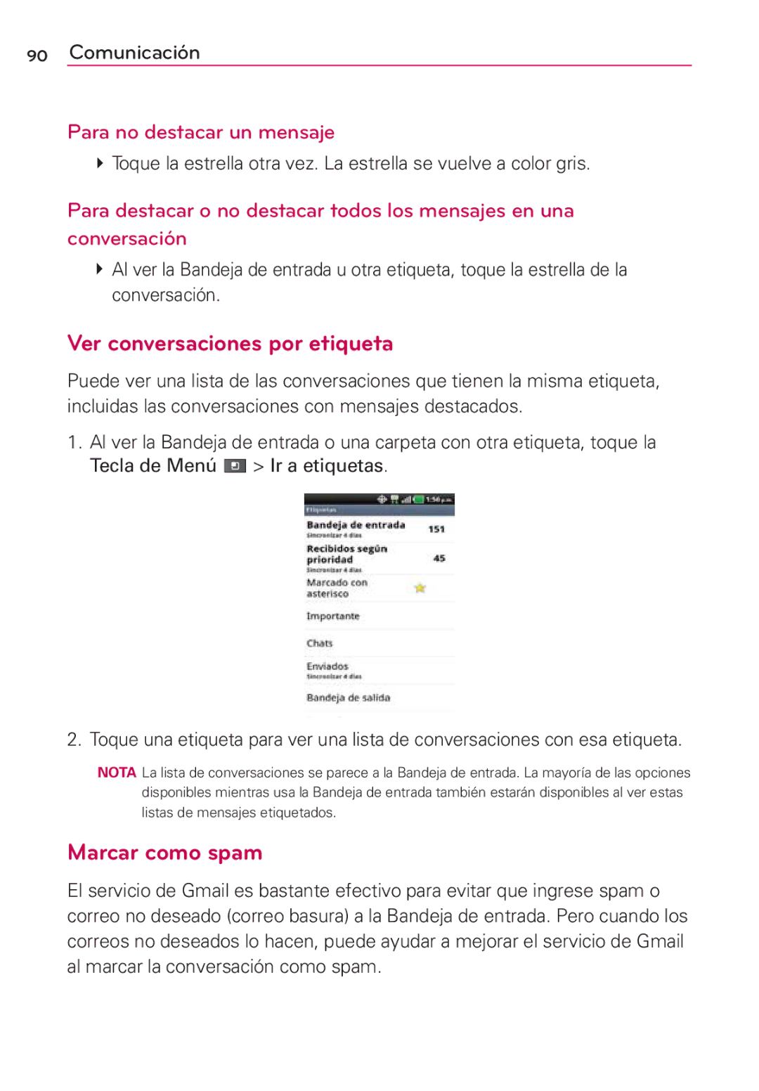 LG Electronics MS910 manual Ver conversaciones por etiqueta, Marcar como spam, Para no destacar un mensaje 