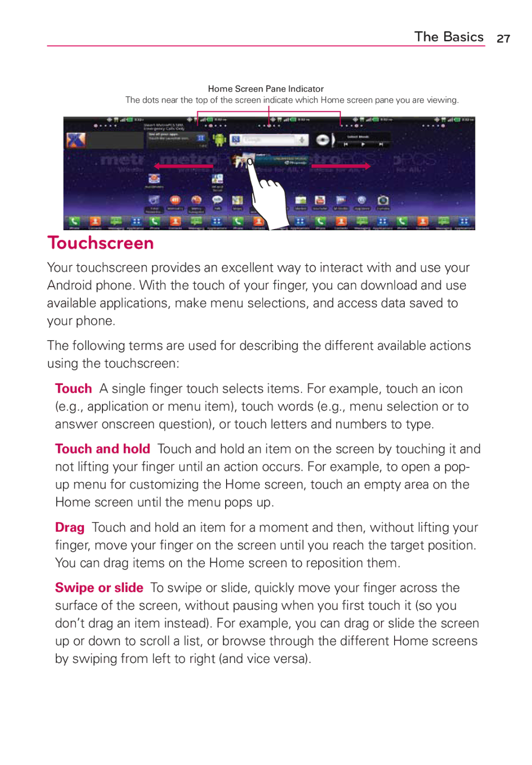 LG Electronics MS910 manual Touchscreen 