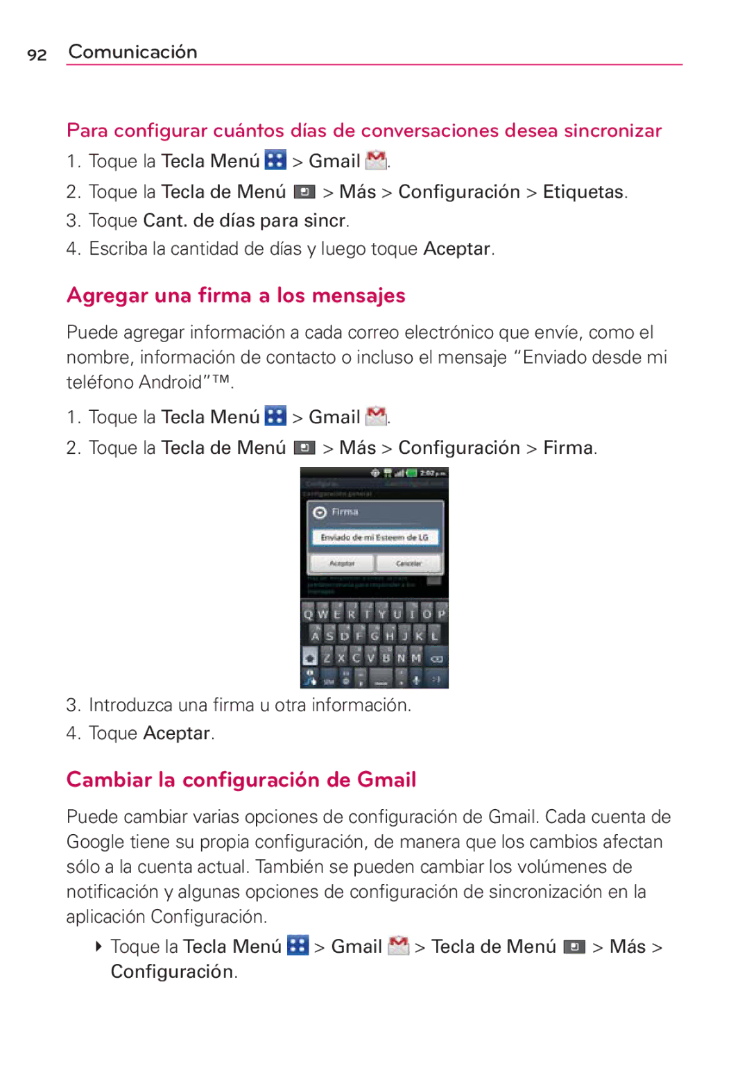 LG Electronics MS910 manual Agregar una firma a los mensajes, Cambiar la configuración de Gmail 