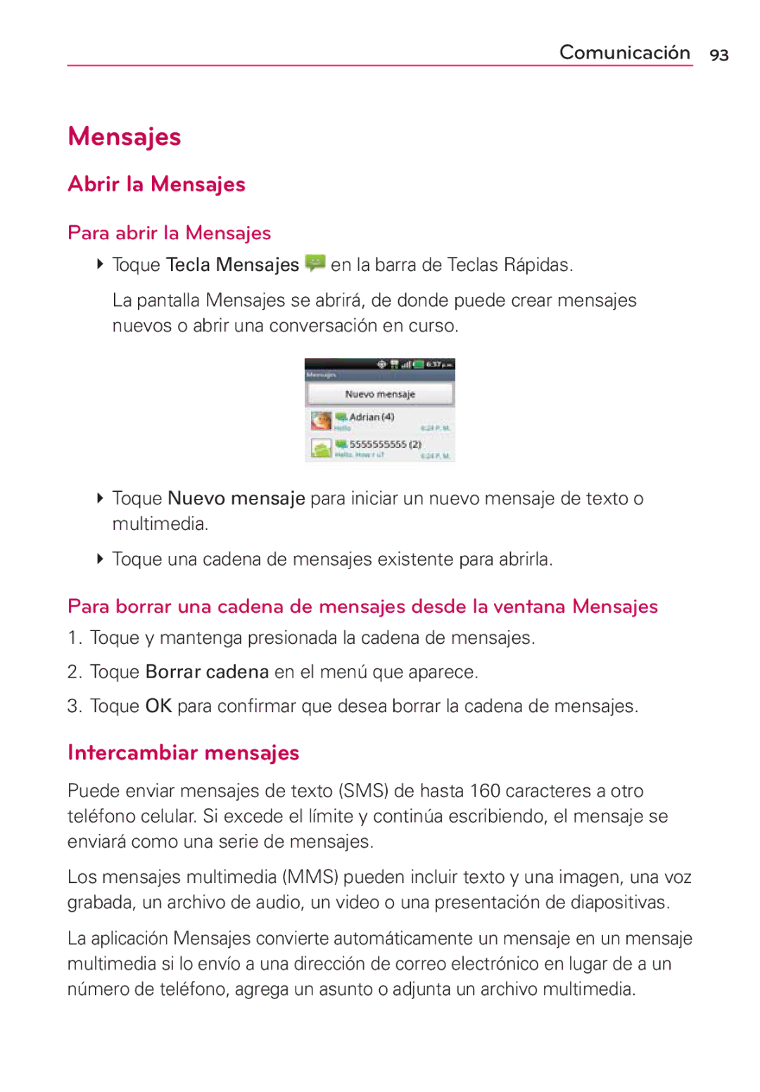 LG Electronics MS910 manual Abrir la Mensajes, Intercambiar mensajes, Para abrir la Mensajes 