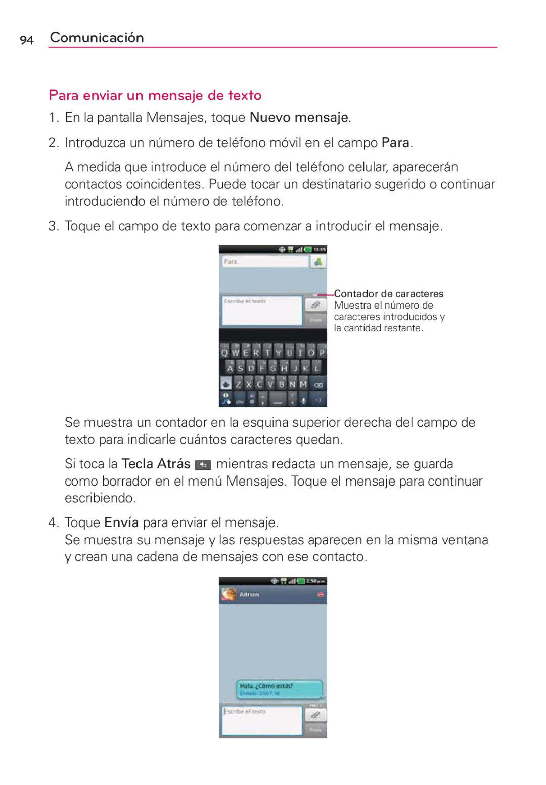 LG Electronics MS910 manual Para enviar un mensaje de texto 