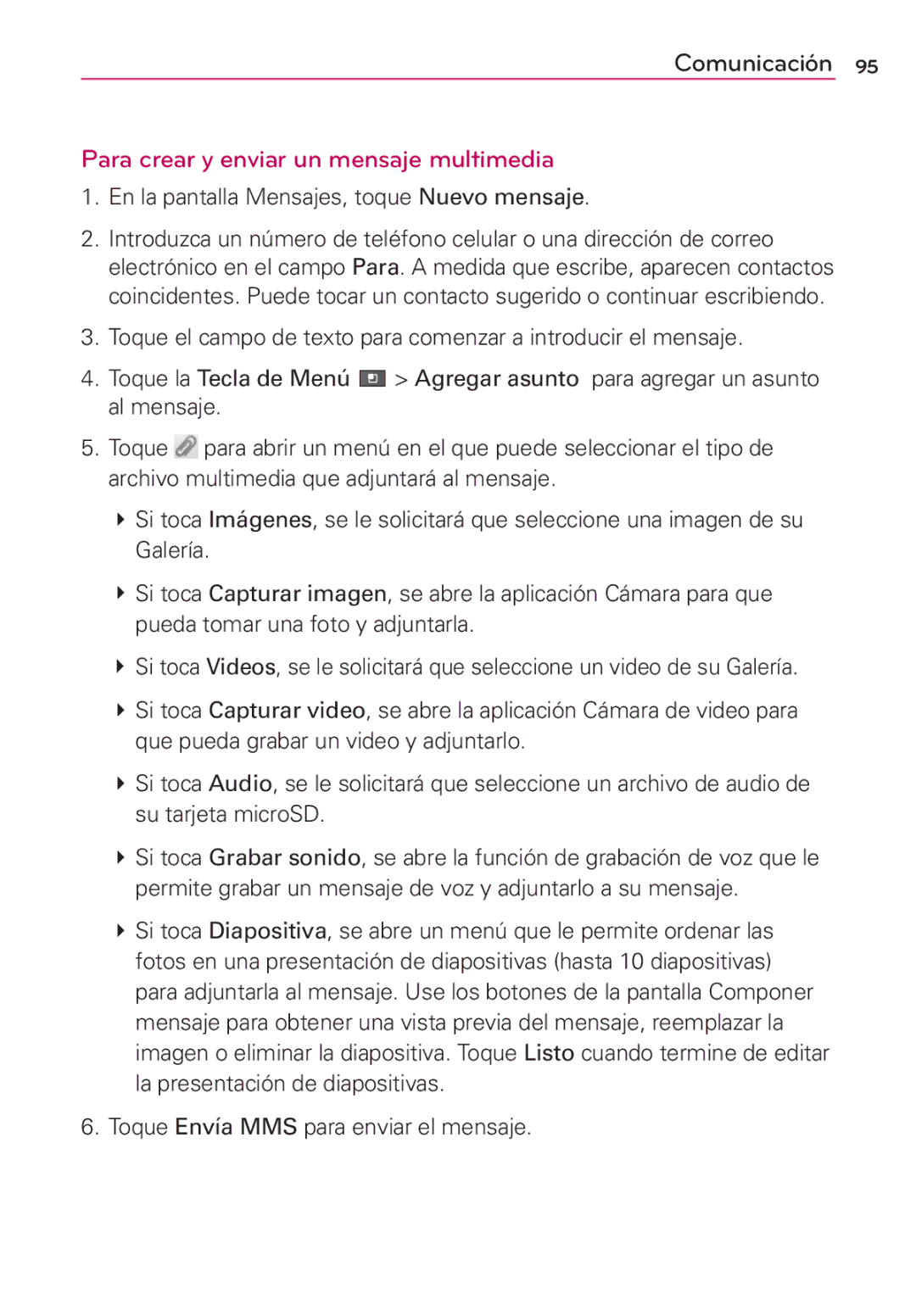 LG Electronics MS910 manual Para crear y enviar un mensaje multimedia, En la pantalla Mensajes, toque Nuevo mensaje 