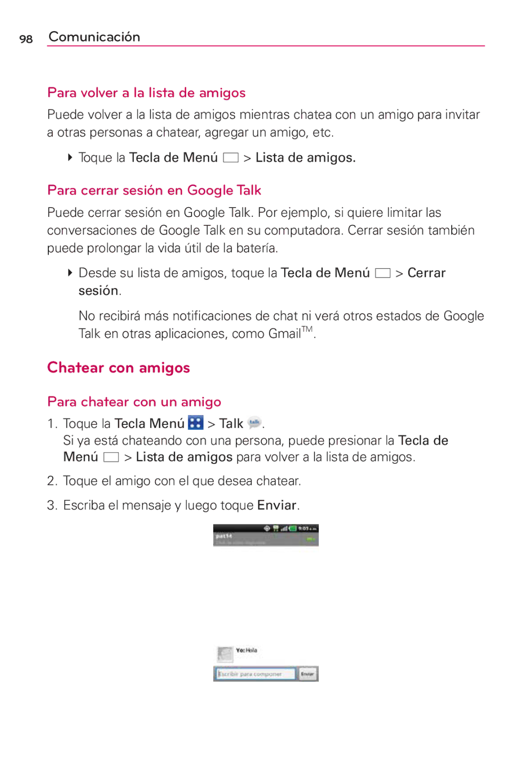 LG Electronics MS910 manual Chatear con amigos, Para volver a la lista de amigos, Para cerrar sesión en Google Talk 