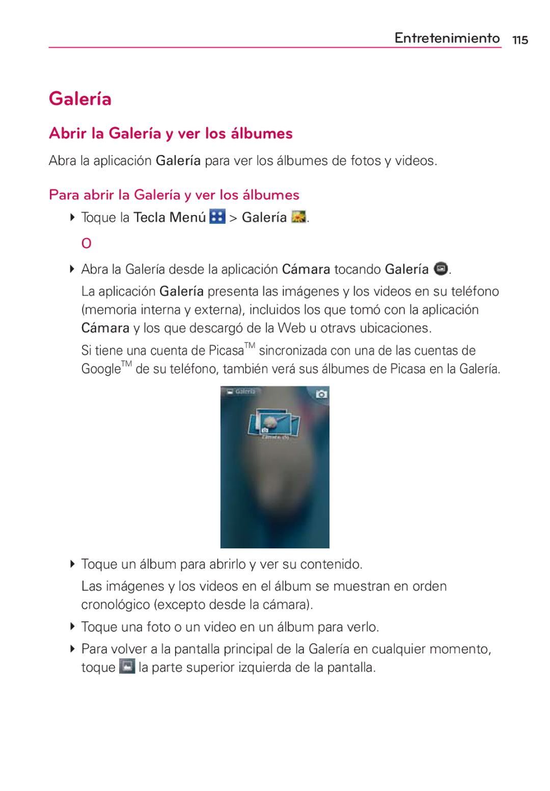 LG Electronics MS910 manual Abrir la Galería y ver los álbumes, Para abrir la Galería y ver los álbumes 